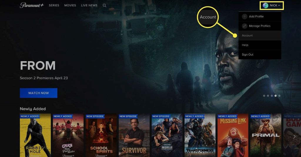 Computer screen showing Paramount Plus account management page with cancellation options highlighted