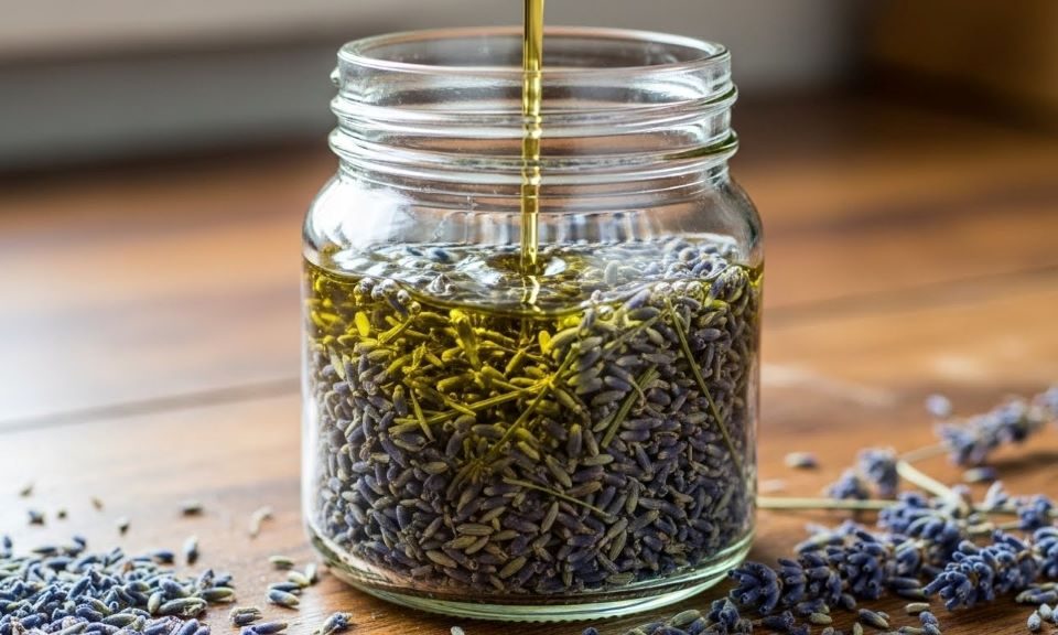Glass jar filled with dried lavender herbs being covered with golden carrier oil for making herbal infusion for body butter