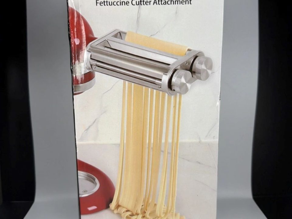 RAFBAR 3-in-1 pasta maker attachment connected to a KitchenAid mixer.