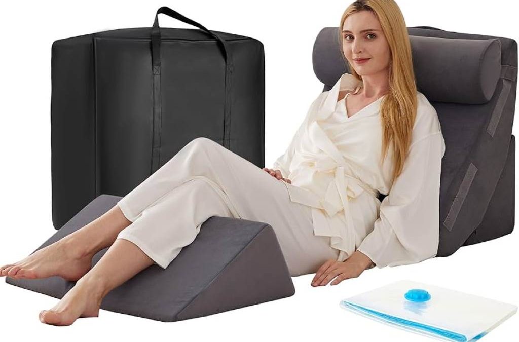 Woman sleeping peacefully on Kingfun bed wedge pillow set with elevated leg pillow supporting legs and back wedge under torso