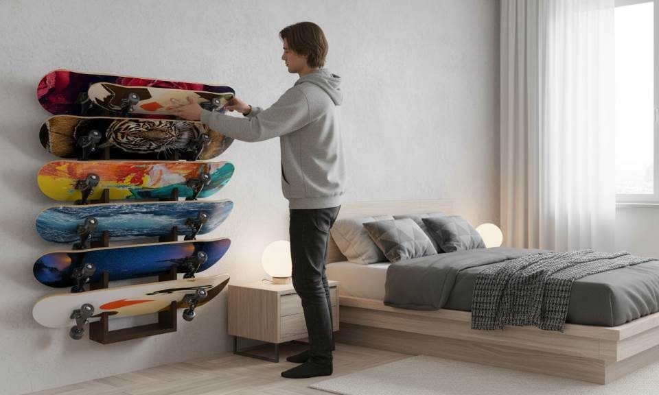 A skater mounting several skateboards on a vertical skateboard wall holder in a modern bedroom, displaying colorful graphics