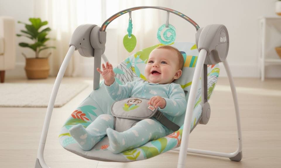 Happy infant enjoying toys in Bright Starts 6-Speed Portable Baby Swing