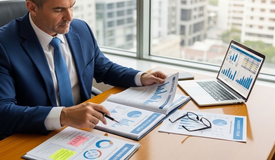 Real estate investor reviewing property business plan documents with financial charts and market analysis data