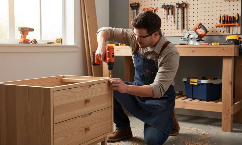 Person using a cordless drill to assemble wooden furniture in a home workshop setting