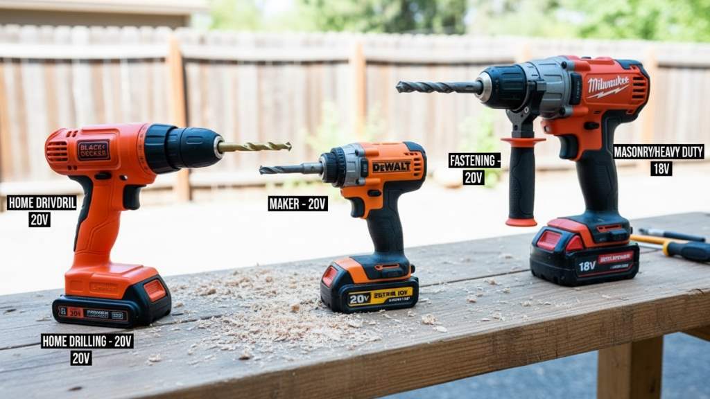 cordless drill types with voltage labels for home maintenance tasks