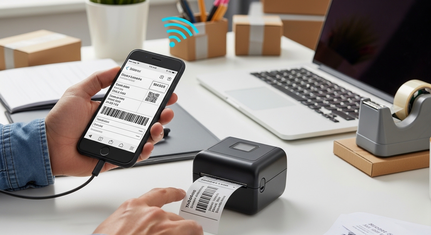 iPhone connected to Bluetooth label printer for mobile shipping