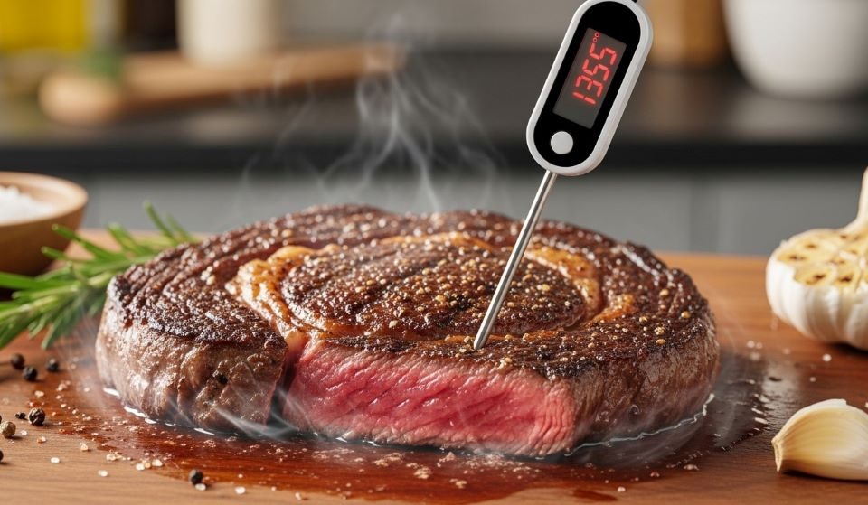 Digital meat thermometer inserted into thick steak showing temperature reading for proper doneness checking