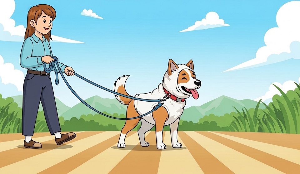 Dog showing signs of heatstroke with excessive panting and red tongue during summer walk