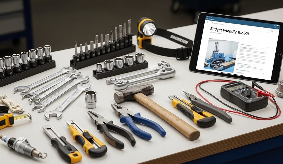 Beginner budget mechanic tool kit essentials laid out on garage floor