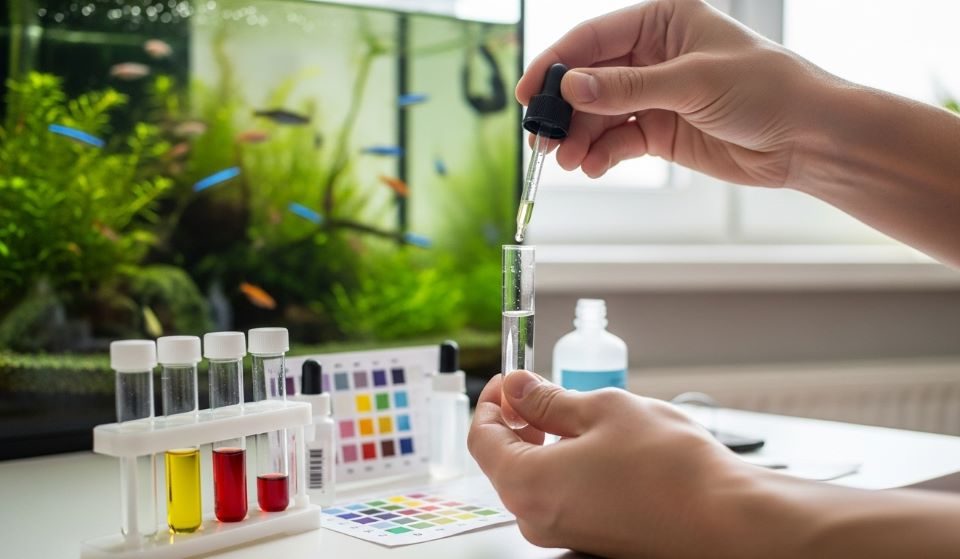 Person using a liquid test kit to check aquarium water quality at home