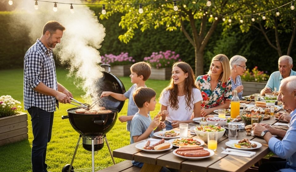 Family gathered around outdoor grill enjoying backyard barbecue meal together