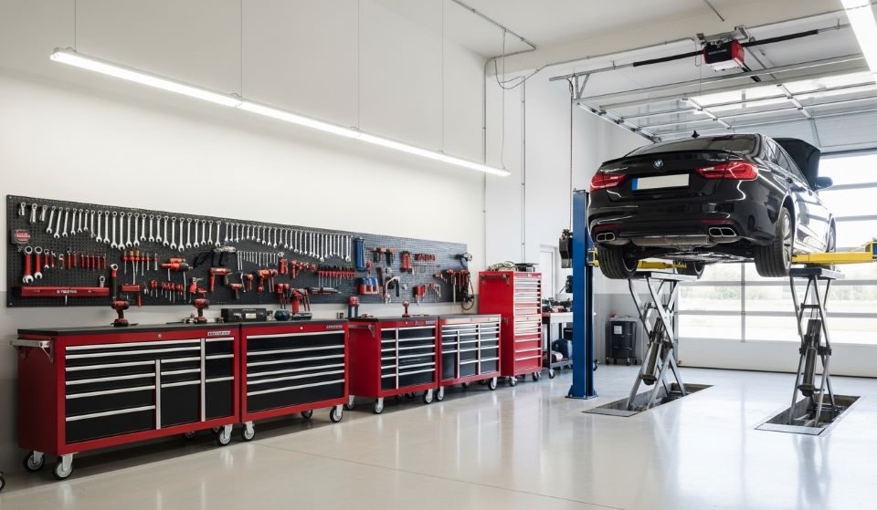 Clean and organized auto repair garage with a vehicle on a two-post lift and tool chests along the wall