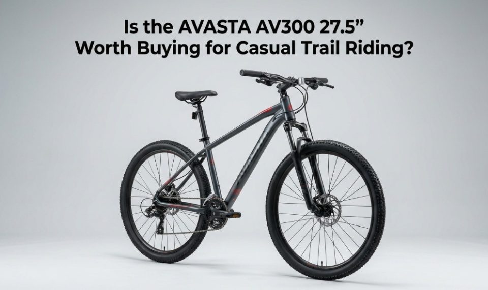AVASTA AV300 27.5 inch mountain bike review title card on a studio background.