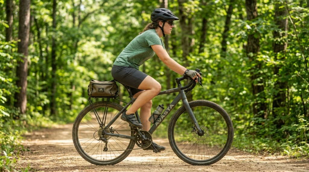 A person riding the AVASTA AV300 mountain bike on a sunny forest trail.