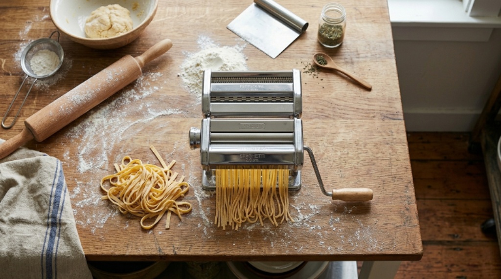 Overhead view of a countertop pasta machine with spaghetti and fettuccine cutting attachments on a wooden surface