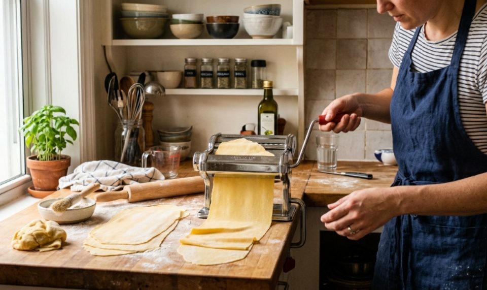 Compact manual pasta maker clamped to a small apartment kitchen counter with freshly rolled pasta dough sheets