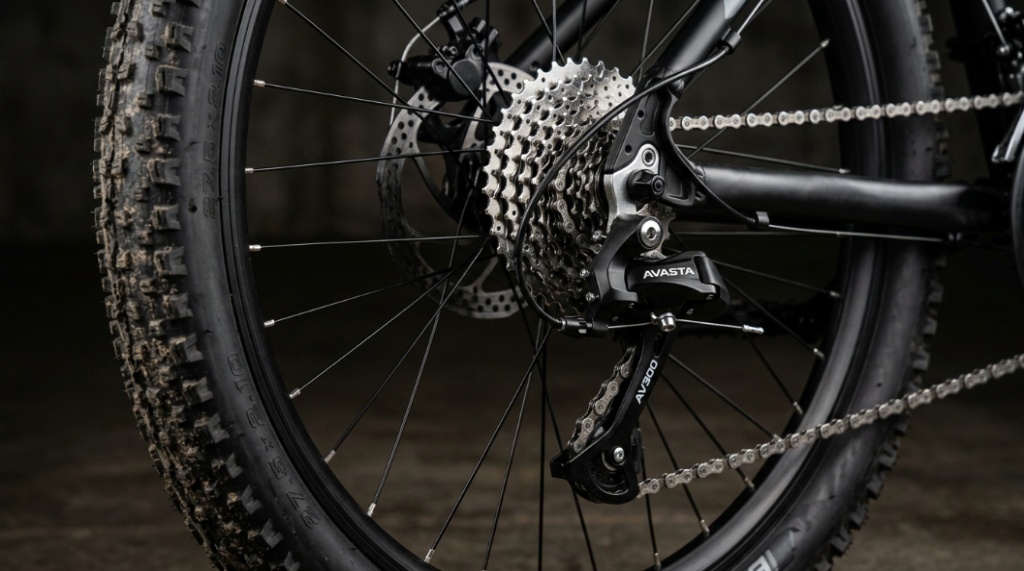 Close-up of the gears and 27.5 inch tires on an AVASTA AV300 bike.