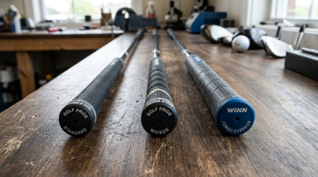Close-up of different golf grip sizes laid side by side showing standard, midsize, and jumbo options