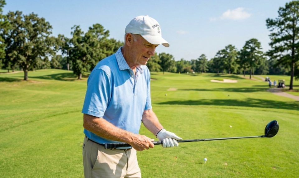 A senior golfer holding a club with a large midsize golf grip on a sunny green fairway