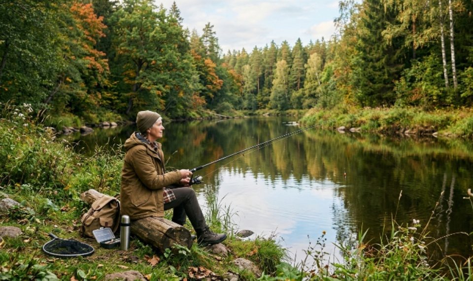 A person sitting peacefully on a riverbank holding a fishing rod surrounded by trees and calm water