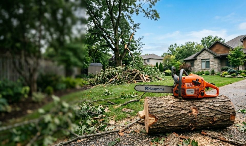 Gas chainsaw resting on a log in a yard with storm damage.