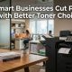 Modern office printer with text overlay reading how smart businesses cut printing costs with better toner choices.
