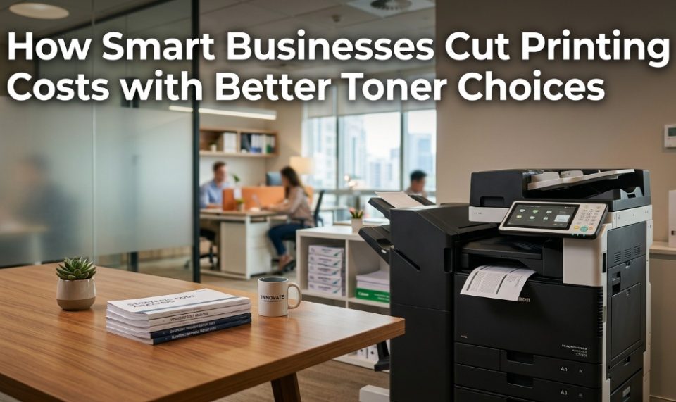 Modern office printer with text overlay reading how smart businesses cut printing costs with better toner choices.