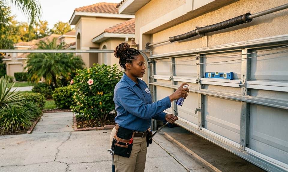 Orlando homeowner inspecting garage door tracks to prevent leveling problems