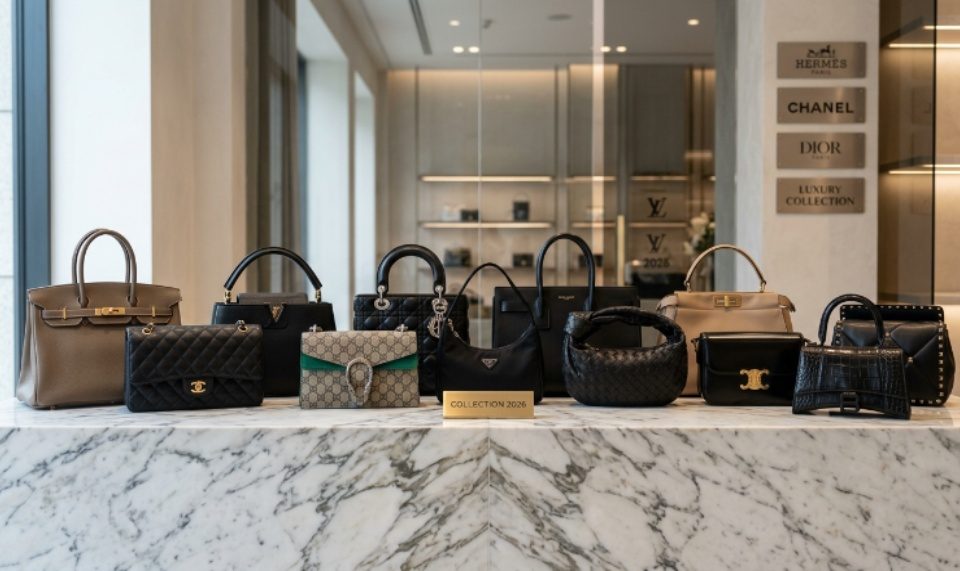 Collection of top luxury handbags from leading designer labels displayed on a marble surface in 2026
