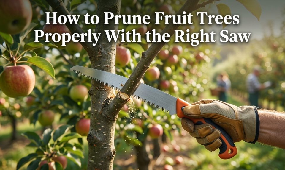 Hands using a hand saw to cut a branch on an apple tree with title text overlay.