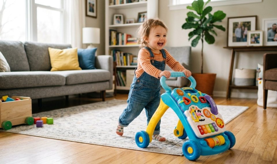 Smiling toddler pushing colorful plastic baby walker across bright living room rug.