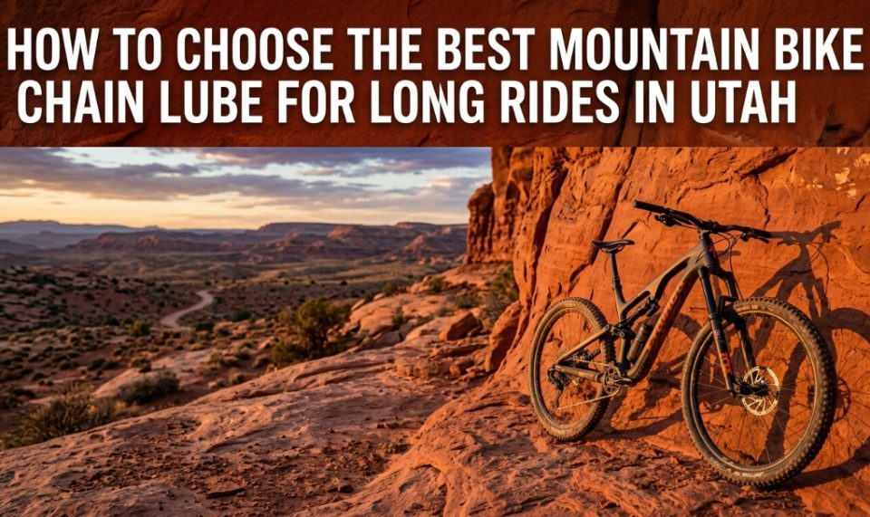 Mountain bike leaning against red rocks in Utah with article title text overlay.