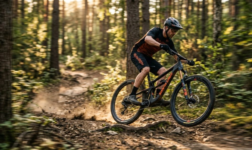 Cyclist riding a new full suspension mountain bike on a sunny dirt trail.