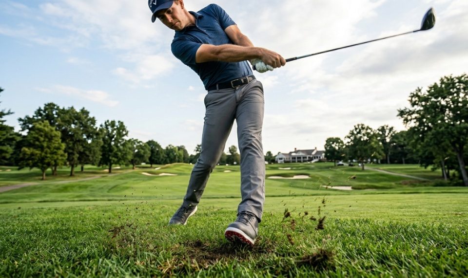 Golfer mid-swing wearing performance shoes firmly planted on green grass.