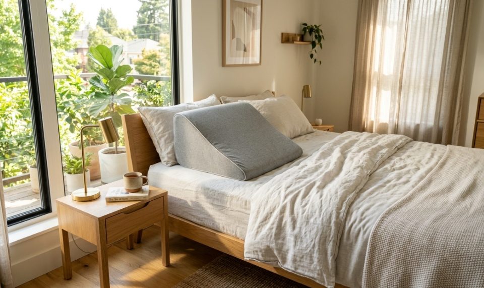 White memory foam wedge pillow resting on a modern bed with soft linen sheets.