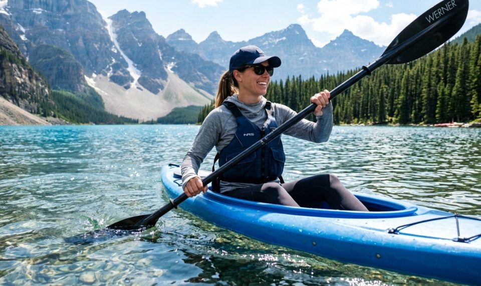 Woman hikes sunny mountain trail wearing light blue UPF sun shirt.