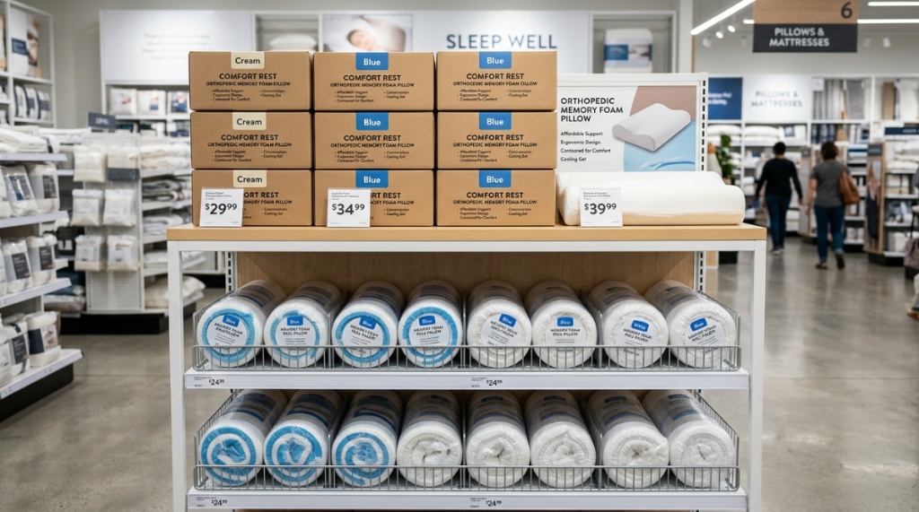 Selection of affordable contoured orthopedic foam pillows on a display shelf.