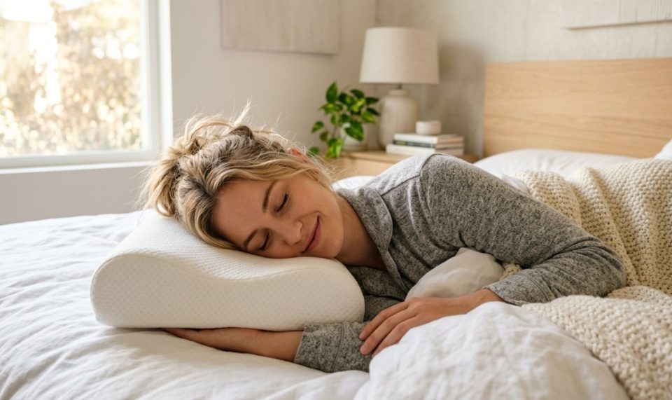 Woman sleeping comfortably on her side using a white orthopedic neck pillow.