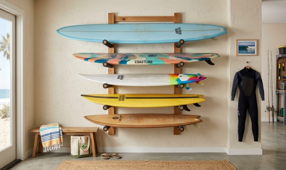 Organized surfboards mounted on horizontal wall racks in a clean garage.