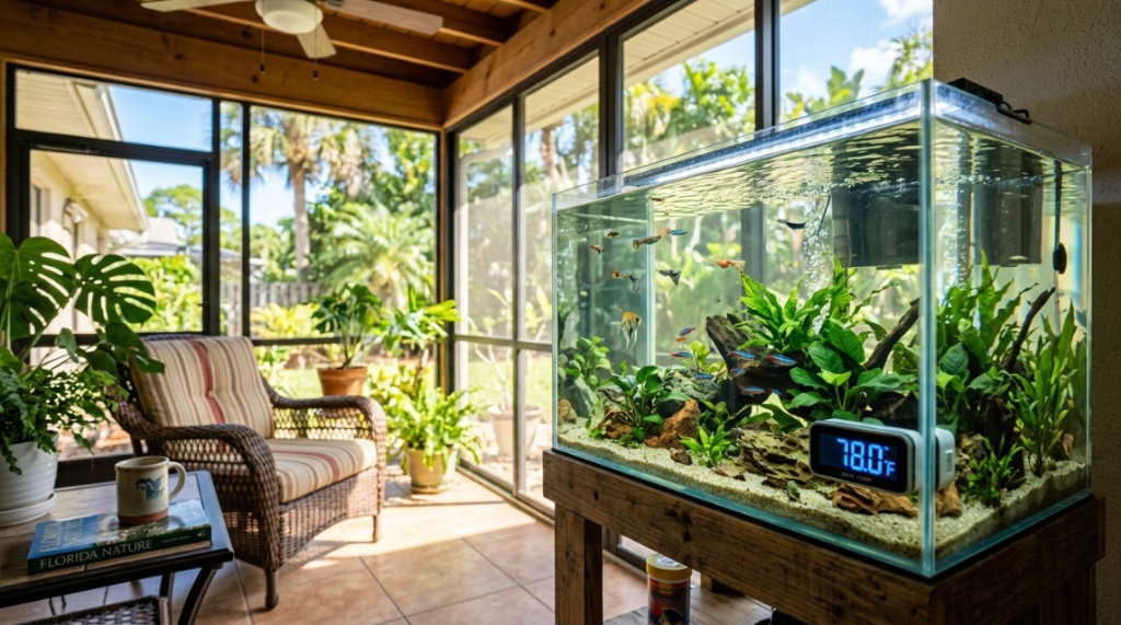 Submersible adjustable aquarium heater glowing in clear freshwater tank water.