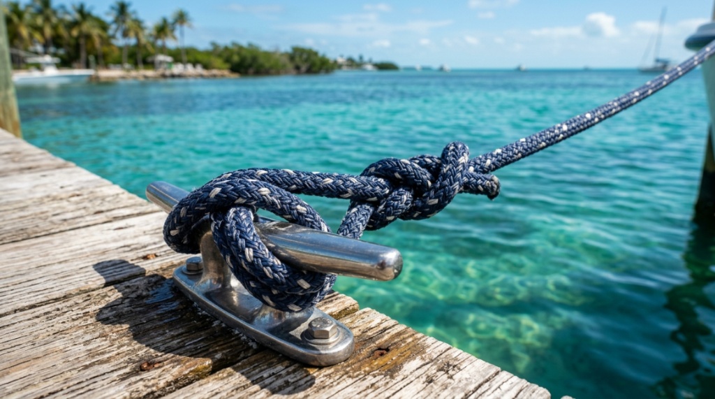 Boat owner inspecting a heavy-duty mooring rope at a marina.