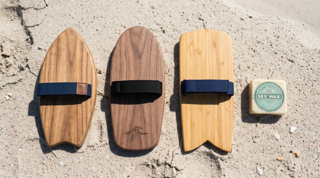 Surfer holding a wooden handplane riding a small Florida wave.