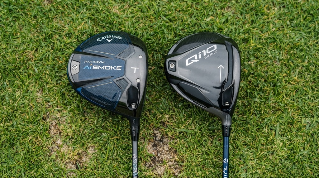 Side-by-side comparison of two golf drivers resting on bright green grass.