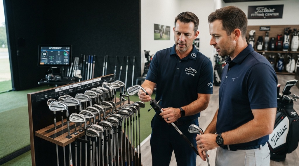 A male golfer testing different iron clubs at a pro shop fitting station.