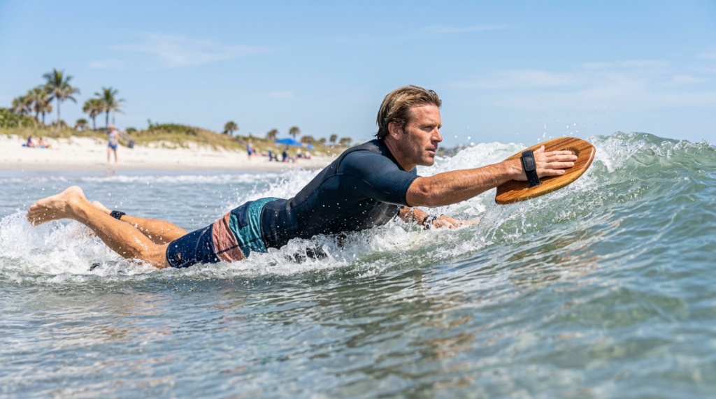 Person comparing different handplane shapes on a sandy beach.