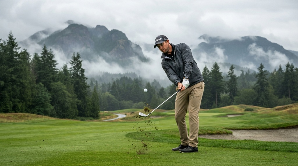 A male golfer swinging an iron club on a scenic Washington golf course.