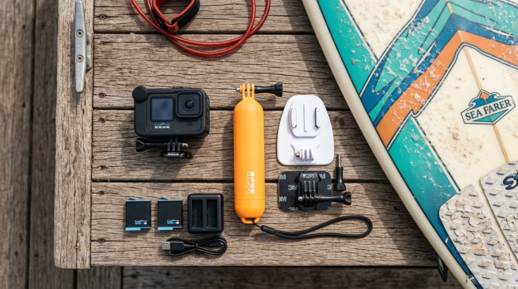 Action camera and mounting accessories displayed next to a surfboard.