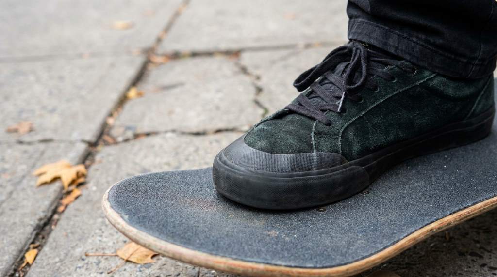 Skateboarder practicing controlled foot placement on New York pavement