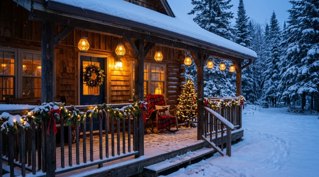 Glowing solar Christmas lanterns hanging on a snowy Canadian porch at night.