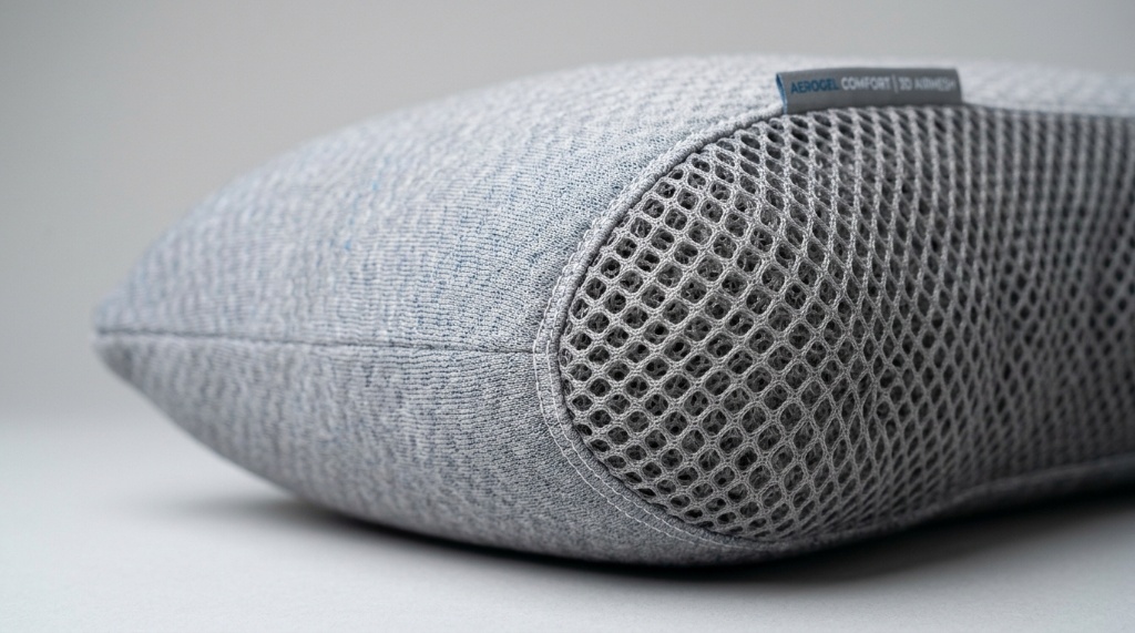 Close-up of a high-tech gel memory foam pillow showing breathable mesh fabric.